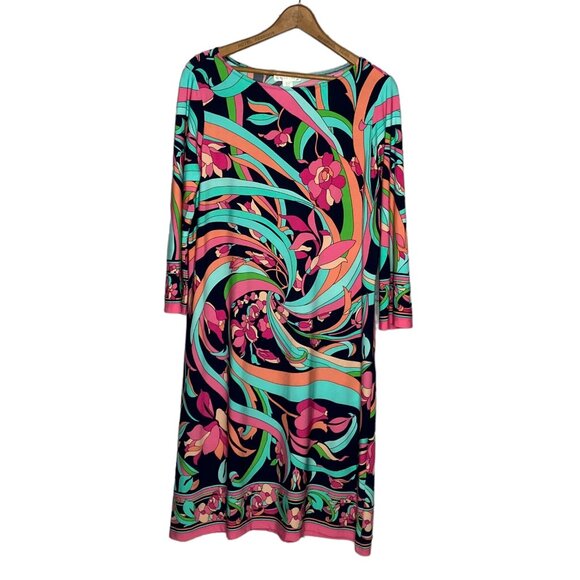 London Times‎ 12 Turquoise Pink Orange Floral Stretch Knit Jersey Shift Dress - Picture 1 of 4